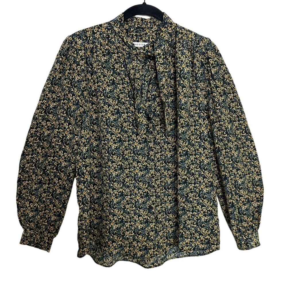 Masscob Blouse Silk Green Floral Button Front Tie Neck
